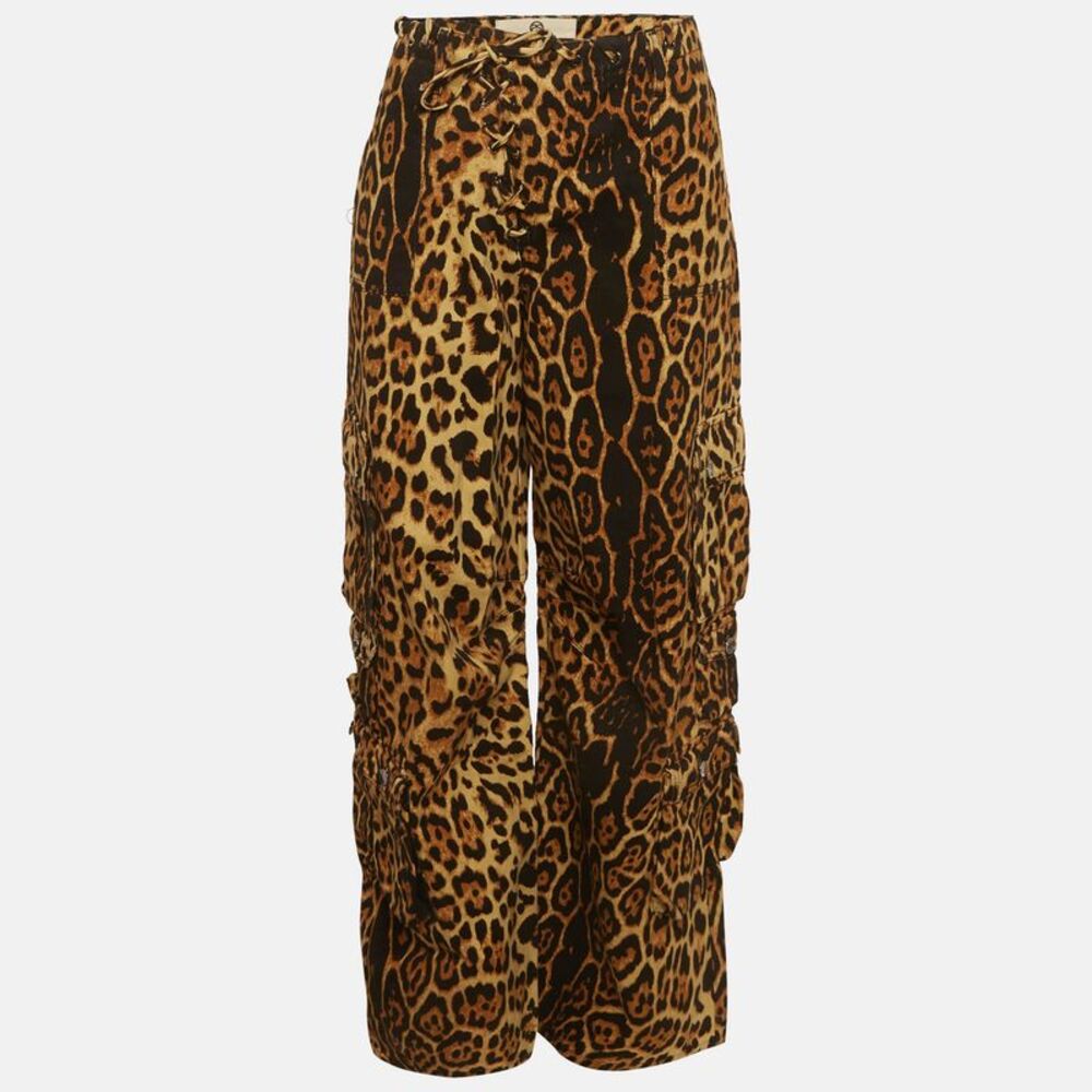 Sagaza Brown Leopard Print Denim Wide Leg Cargo Pants M